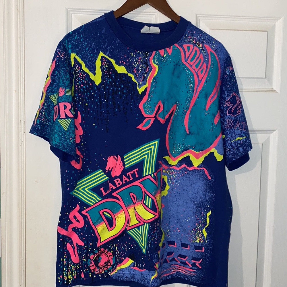 VINTAGE 80S LABATT BLUE DRY BEER ALE ALL OVER PRINT SHIRT